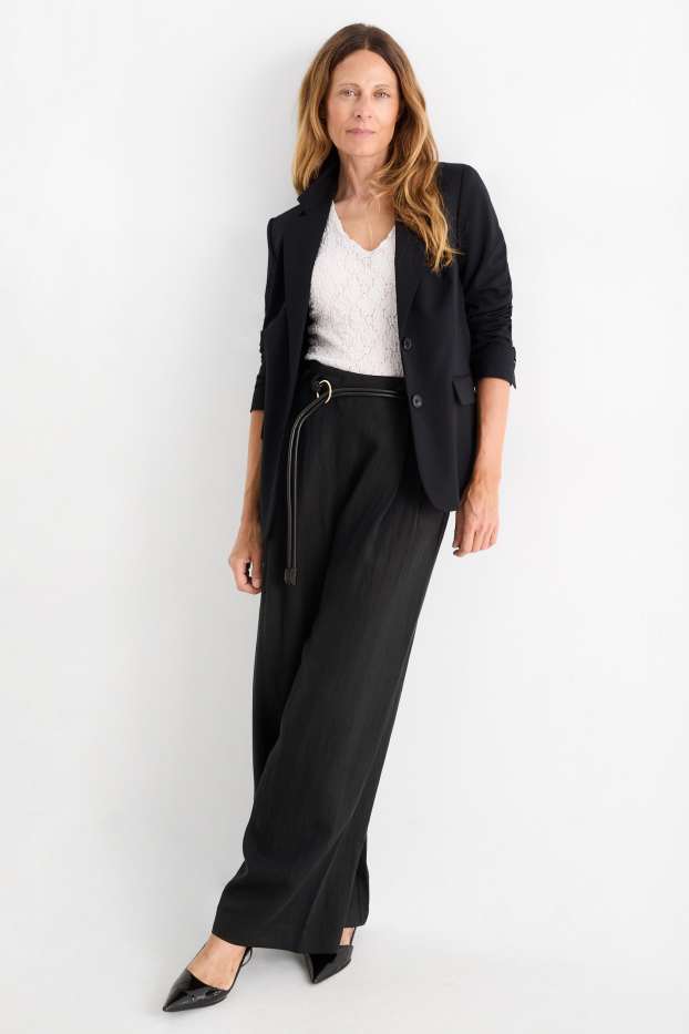 Women - Cloth trousers with belt - high waist - wide leg - black