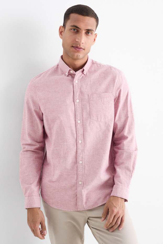 Pánské - Košile - regular fit - button-down - červená-žíhaná