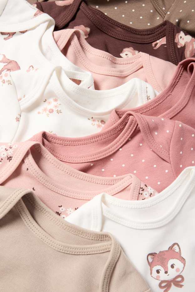 Baby: meisjes - Set van 10 - bloemetje en vos - rompertje - donker rose