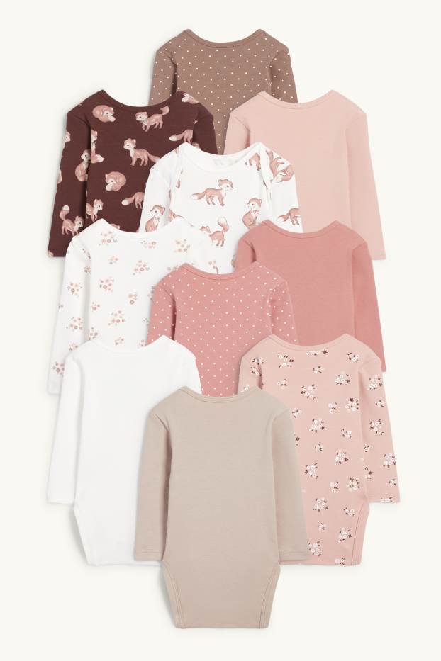 Baby: meisjes - Set van 10 - bloemetje en vos - rompertje - donker rose