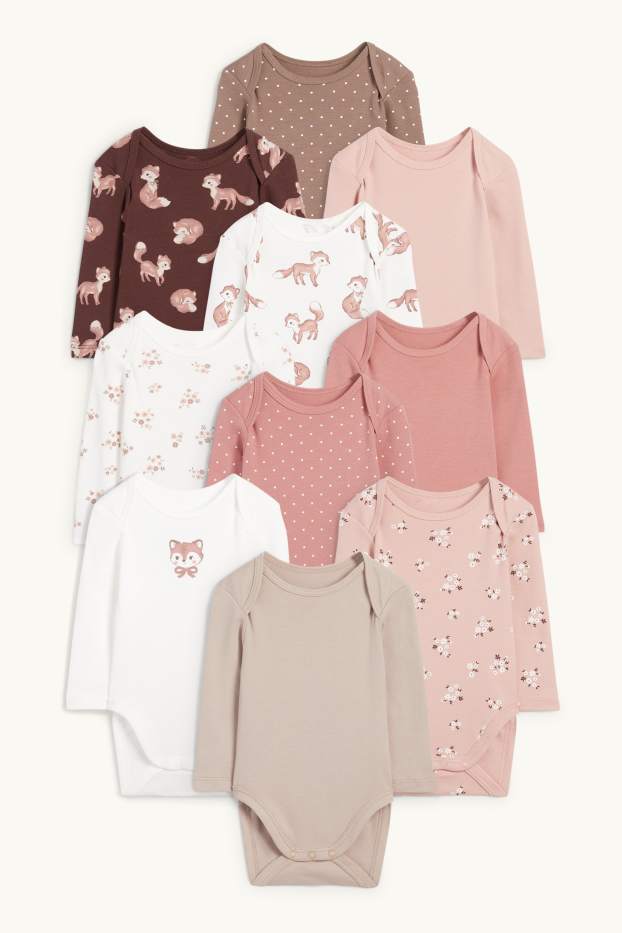 Baby: meisjes - Set van 10 - bloemetje en vos - rompertje - donker rose