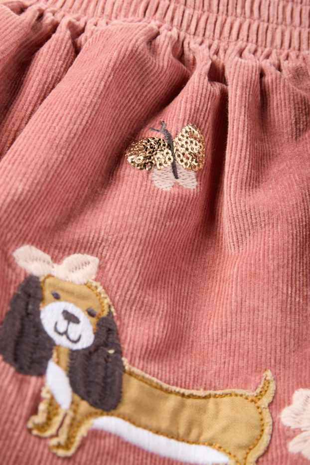 Kinderen: meisjes - Bloem, poesje en hondje - rokje van corduroy - donker rose