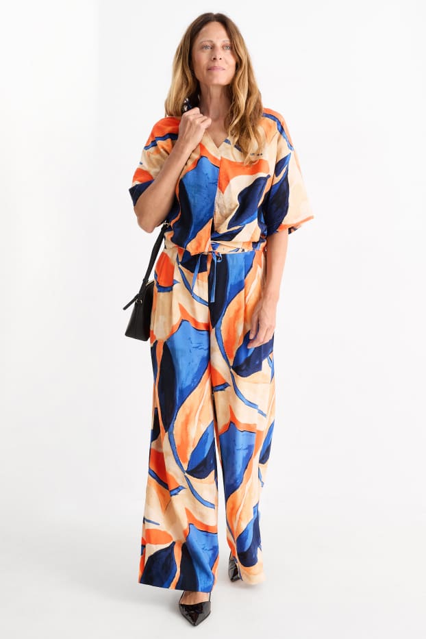 Femmes - Pantalon de toile - high waist - wide leg - à motif - orange / bleu