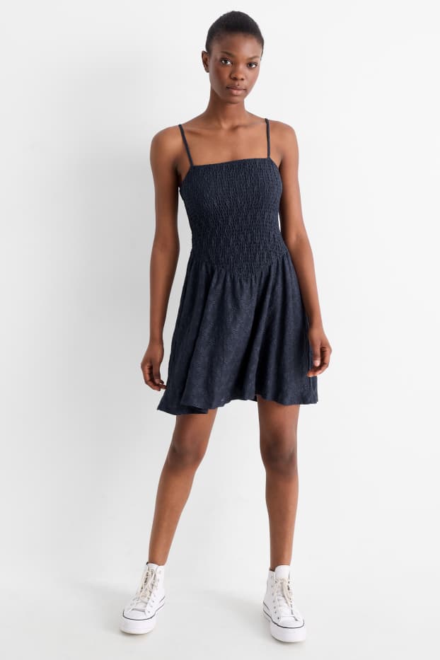 Women - Fit & flare dress - broderie anglaise. - smocked - dark blue