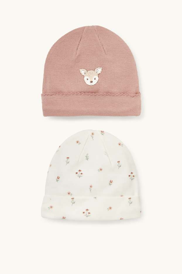 Bébés filles - Lot de 2 - fleur et faon - bonnet rond pour bébé - blanc crème
