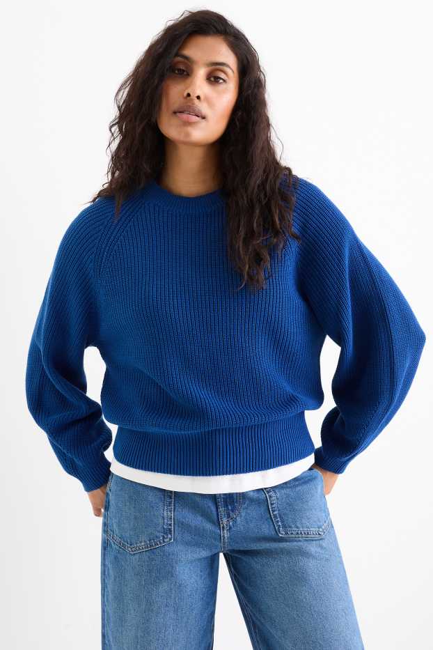 Femmes - Pull - finition côtelée - bleu