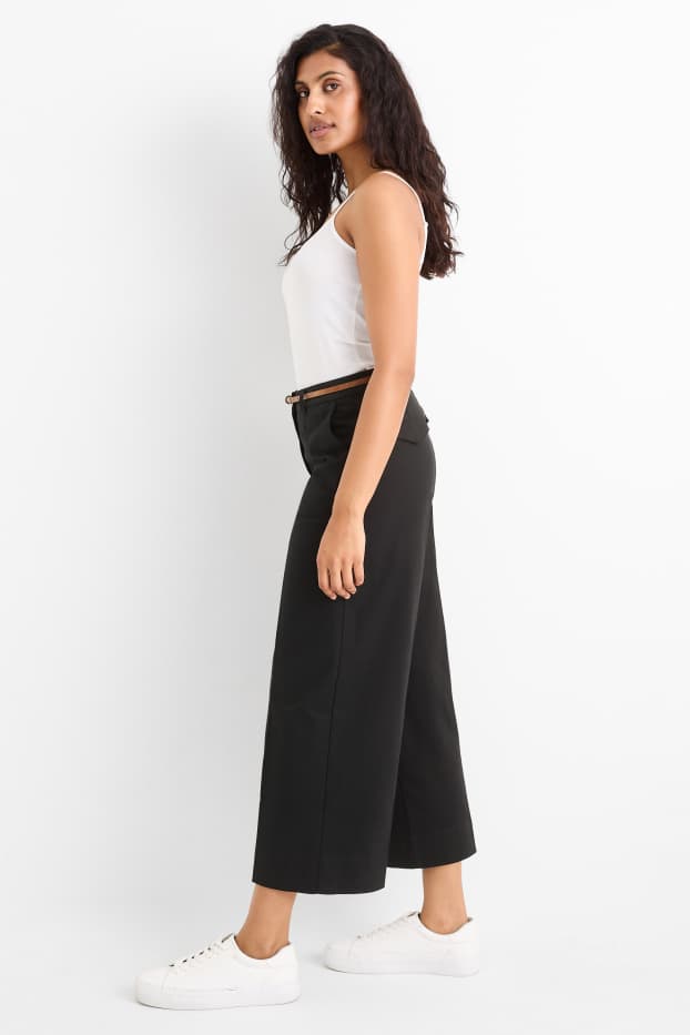 Dames - Pantalon met ceintuur - high waist - wide leg - zwart
