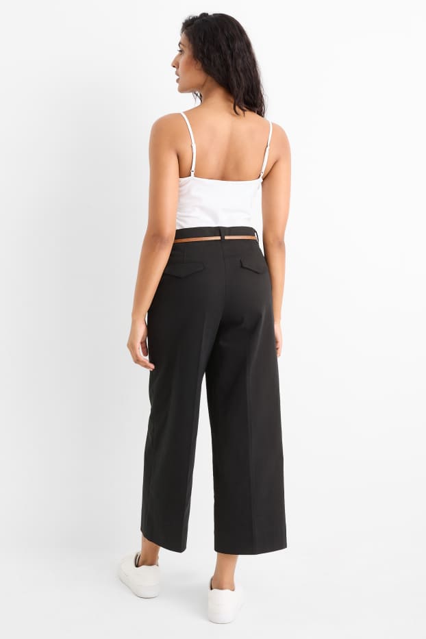 Dames - Pantalon met ceintuur - high waist - wide leg - zwart
