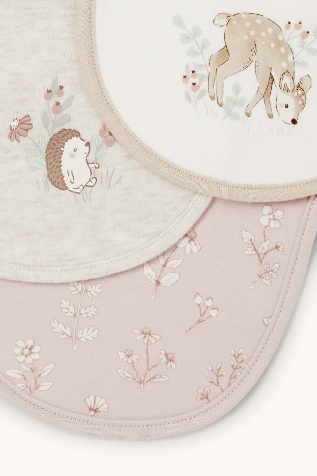 Bébés filles - Lot de 3 - petites fleurs, faon et hérisson - bavoirs - blanc crème