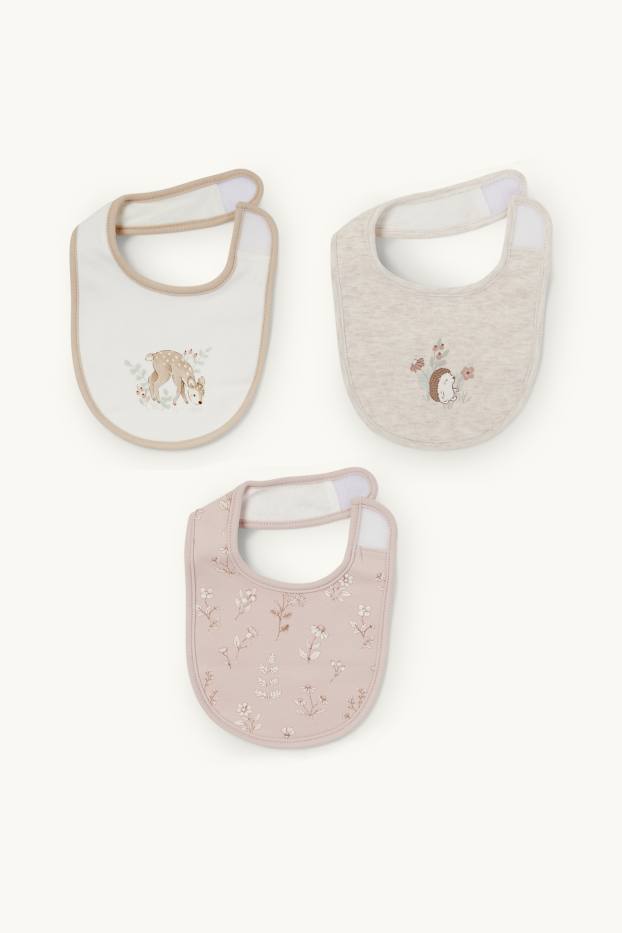 Bébés filles - Lot de 3 - petites fleurs, faon et hérisson - bavoirs - blanc crème