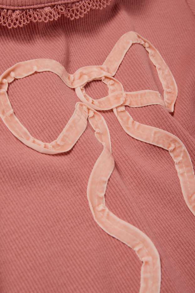 Children Girls - Bow - long sleeve top - ribbed - dark rose