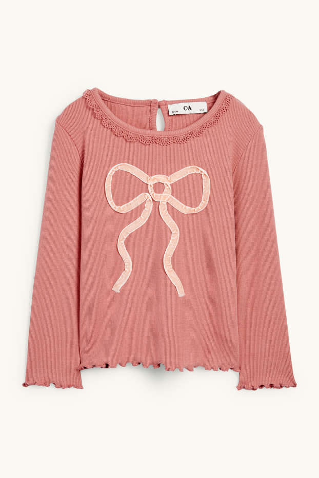 Children Girls - Bow - long sleeve top - ribbed - dark rose