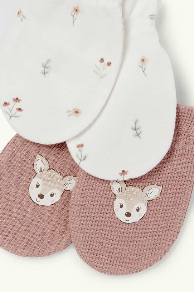 Neonate - Confezione da 2 - motivo fiori e cerbiatti - guanti antigraffio - rosa scuro