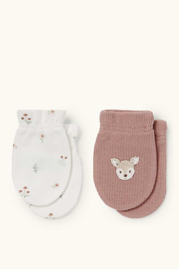 Neonate - Confezione da 2 - motivo fiori e cerbiatti - guanti antigraffio - rosa scuro