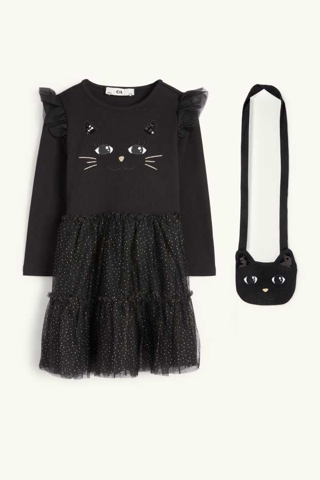 Children Girls - Cat - set - dress and bag - 2 piece - black
