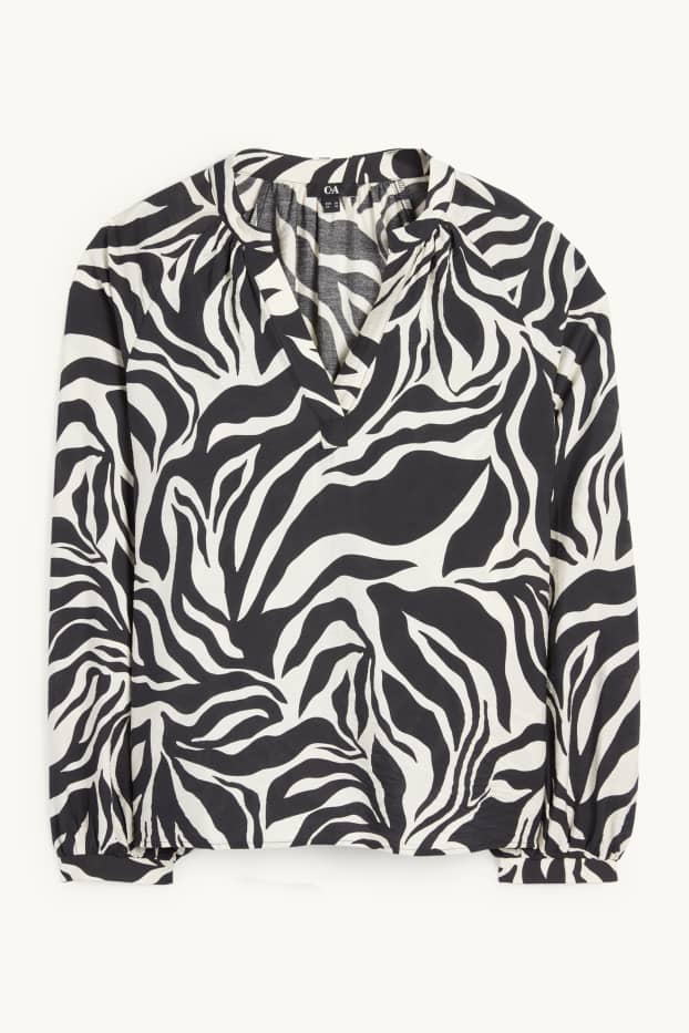 Damen - Bluse mit V-Ausschnitt - gemustert - schwarz / beige
