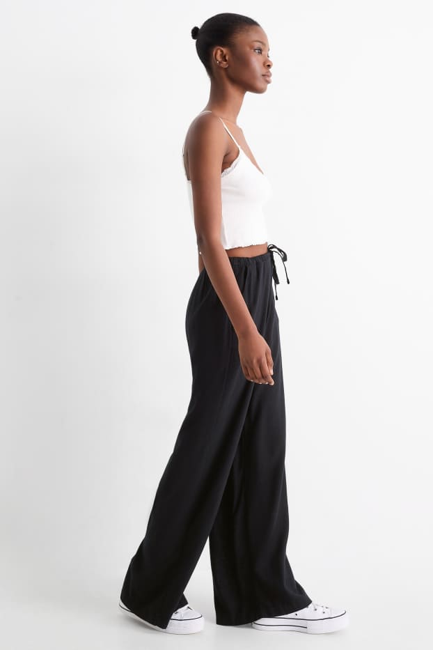 Damen - Stoffhose mit Leinen-Anteil - Mid Waist - Wide Leg - schwarz