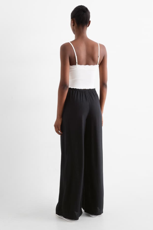 Damen - Stoffhose mit Leinen-Anteil - Mid Waist - Wide Leg - schwarz