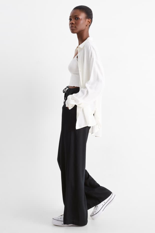 Damen - Stoffhose mit Leinen-Anteil - Mid Waist - Wide Leg - schwarz