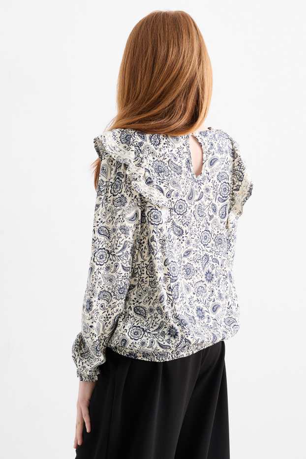 Niñas - Blusa - de flores - azul / blanco