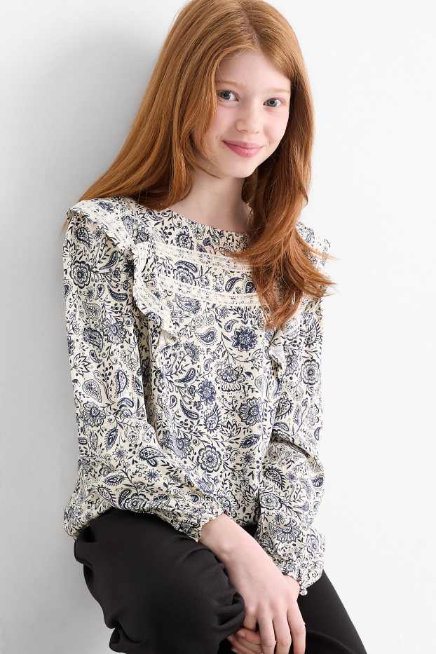 Niñas - Blusa - de flores - azul / blanco