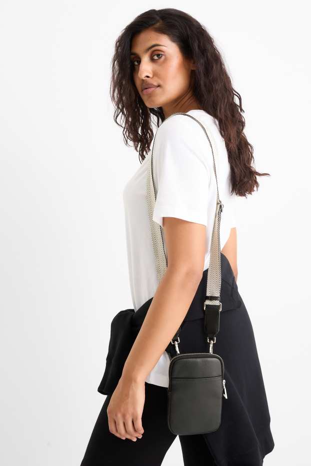 Damen - Handytasche mit abnehmbarem Taschengurt - Lederimitat - schwarz