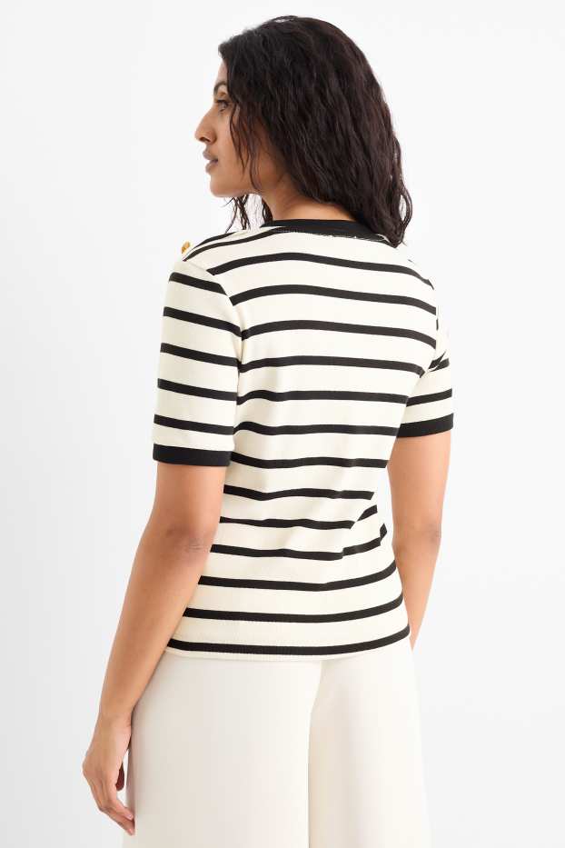 Women - Knitted jumper - short sleeve - striped - black / beige