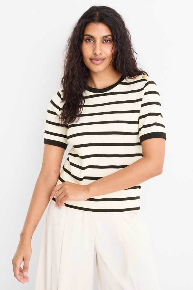 Women - Knitted jumper - short sleeve - striped - black / beige