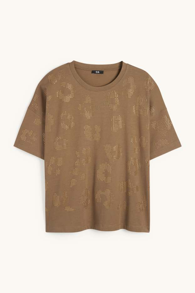 Femmes - T-shirt orné de strass - regular fit - kaki