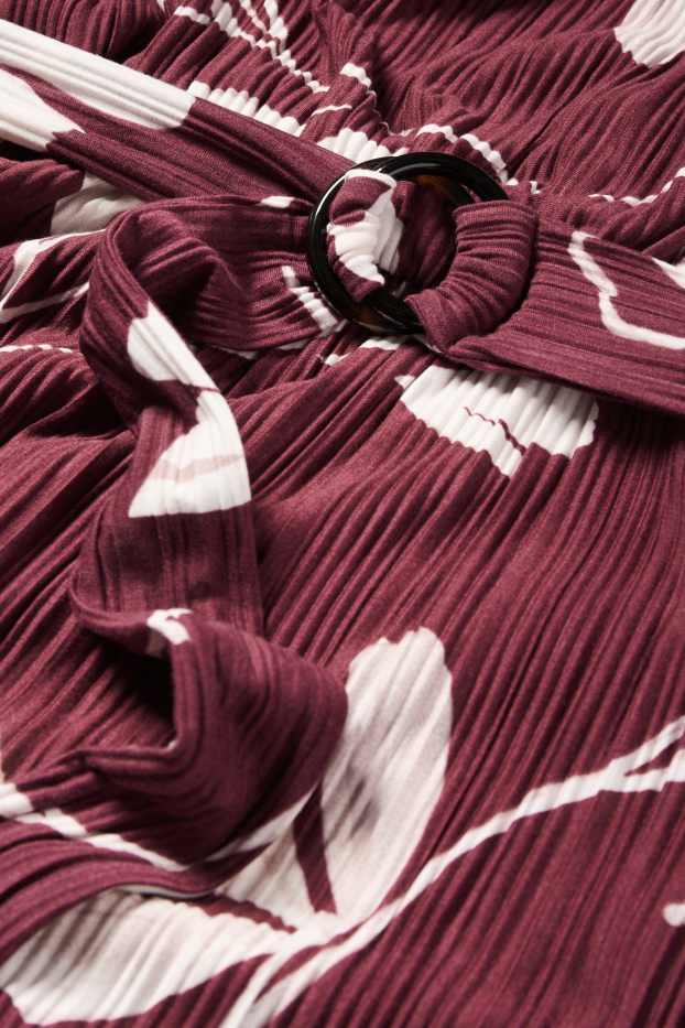 Women - Pleated wrap dress with belt - floral - bordeaux