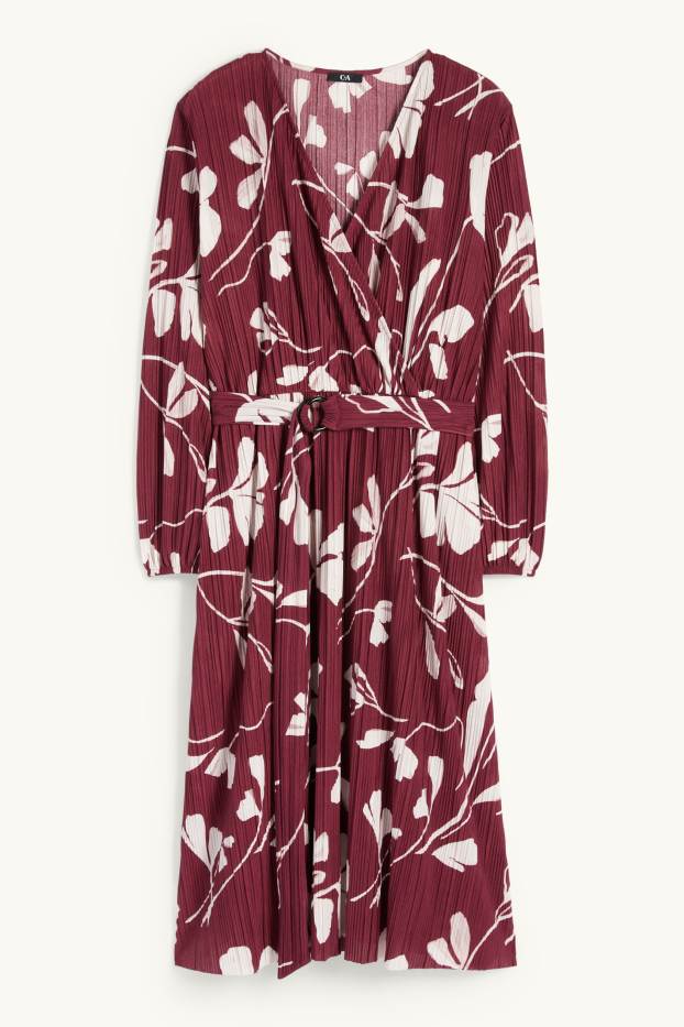 Women - Pleated wrap dress with belt - floral - bordeaux