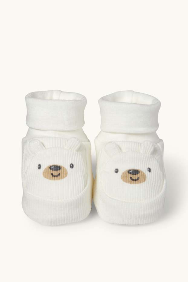 Unisex - Bärchen - Baby-Krabbelschuhe - gerippt - weiss