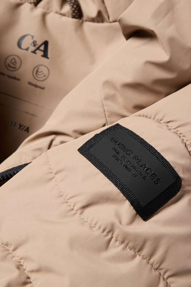 Děti - dívky - Prošívaná bunda s kapucí - z vodoodpudivého materiálu - béžová