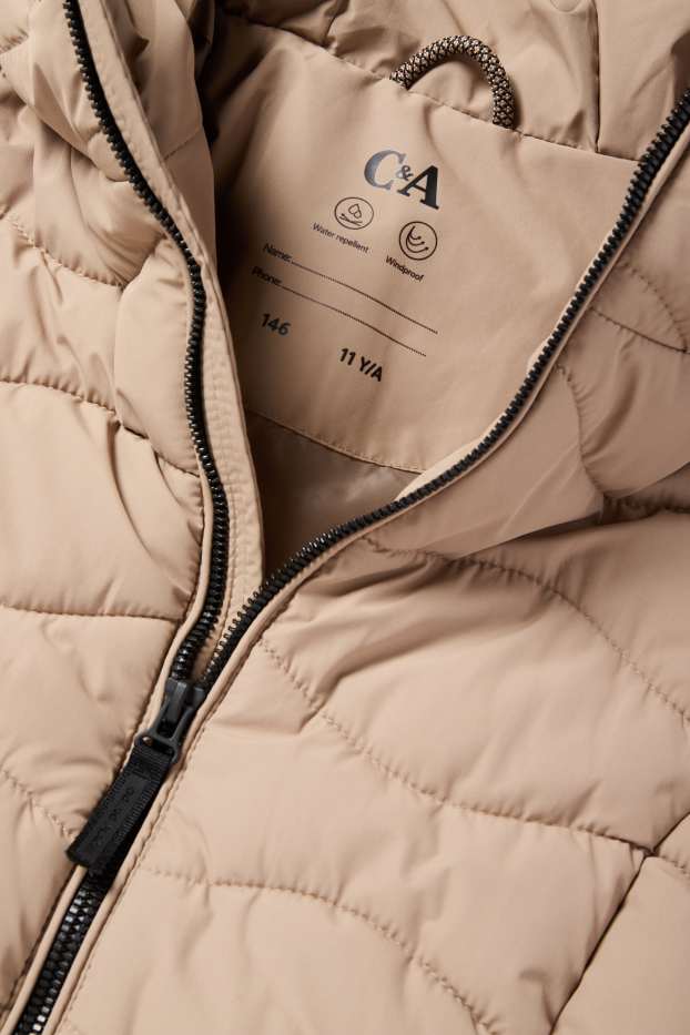 Děti - dívky - Prošívaná bunda s kapucí - z vodoodpudivého materiálu - béžová