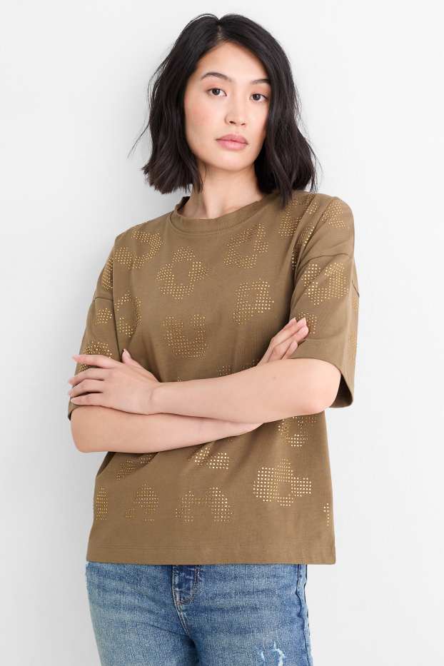 Femmes - T-shirt orné de strass - regular fit - vert