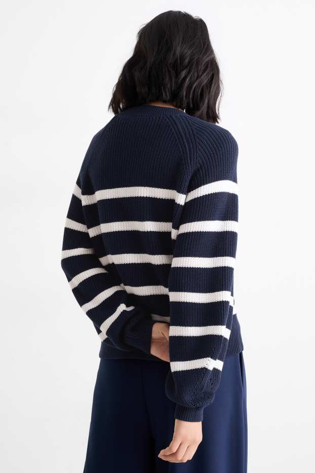 Women - Jumper - ribbed - striped - dark blue