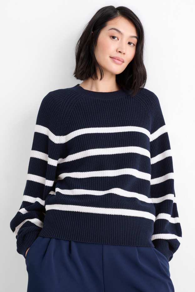 Women - Jumper - ribbed - striped - dark blue