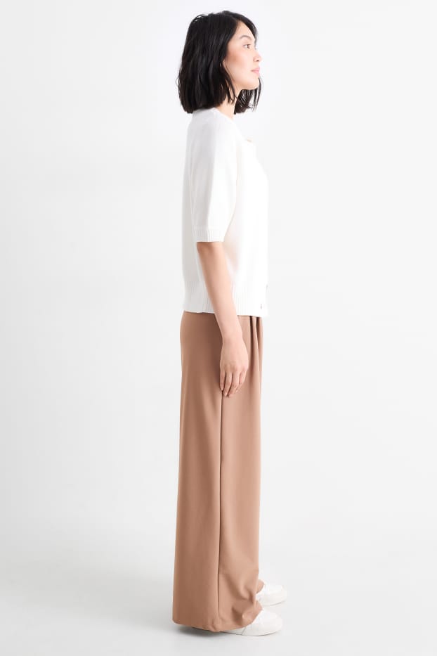 Dames - Broek van jersey - mid waist - palazzo - lichtbruin