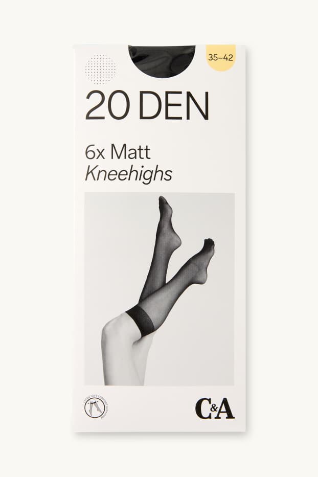 Dames - Set van 6 paar - nylon kniekousen - 20 DEN - zwart