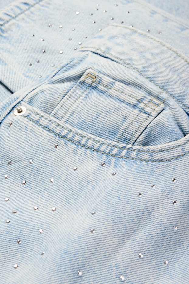 Women - Mom jeans with rhinestones - high waist - denim-light blue