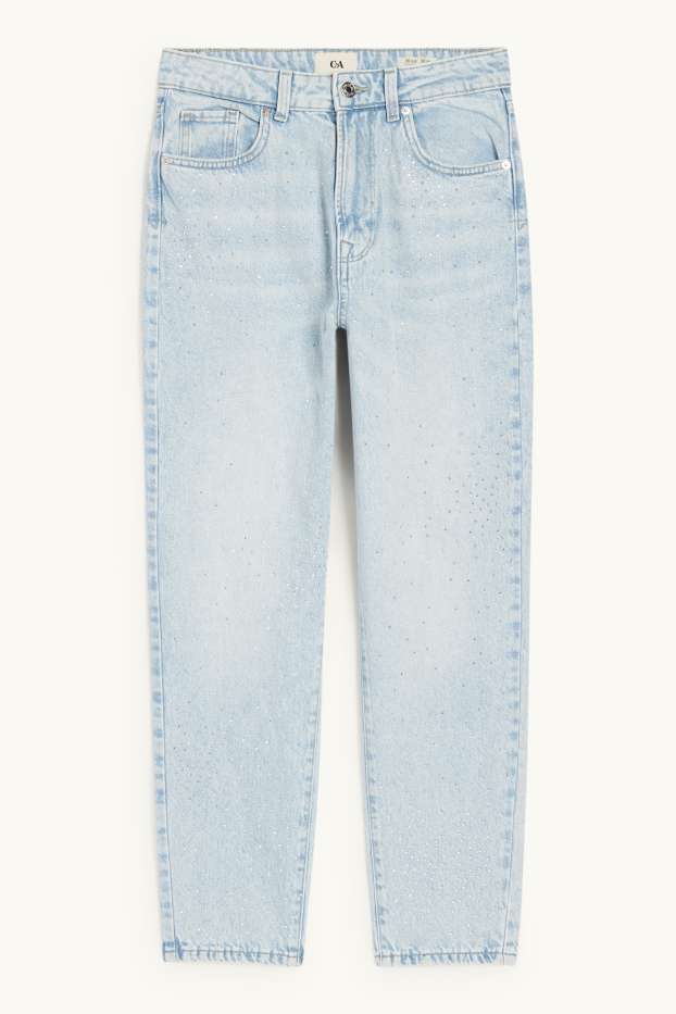 Women - Mom jeans with rhinestones - high waist - denim-light blue