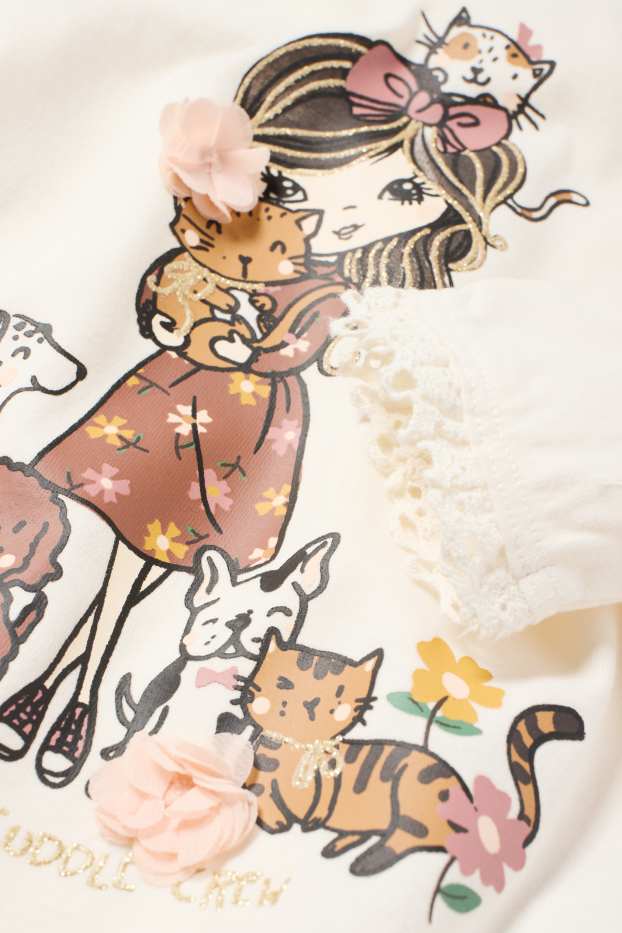 Kinderen: meisjes - Hond, poes en meisje - longsleeve - crème wit