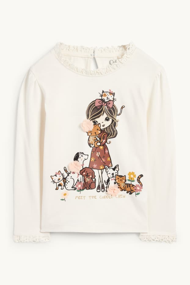 Kinderen: meisjes - Hond, poes en meisje - longsleeve - crème wit