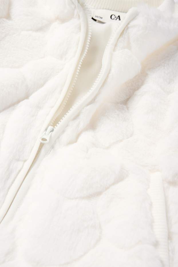 Děti - dívky - Motivy srdíček - blouson z umělé kožešiny - bílá