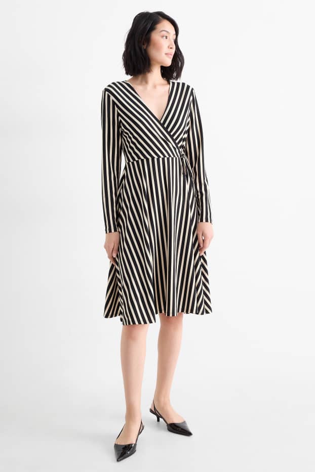 Damen - Wickelkleid - gestreift - schwarz / beige