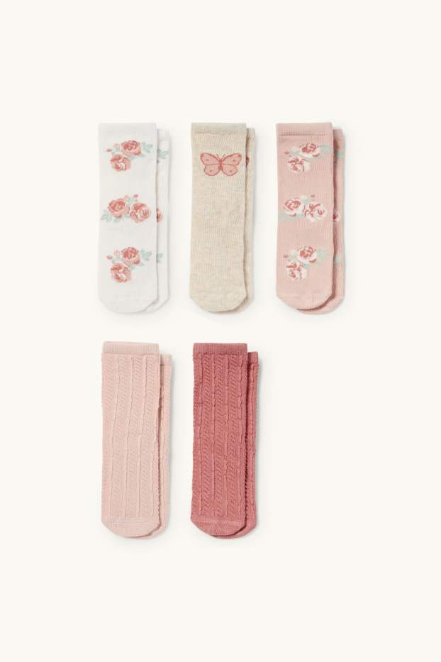 Bébés filles - Lot de 5 - petites fleurs et papillon - chaussettes pour bébé - rose