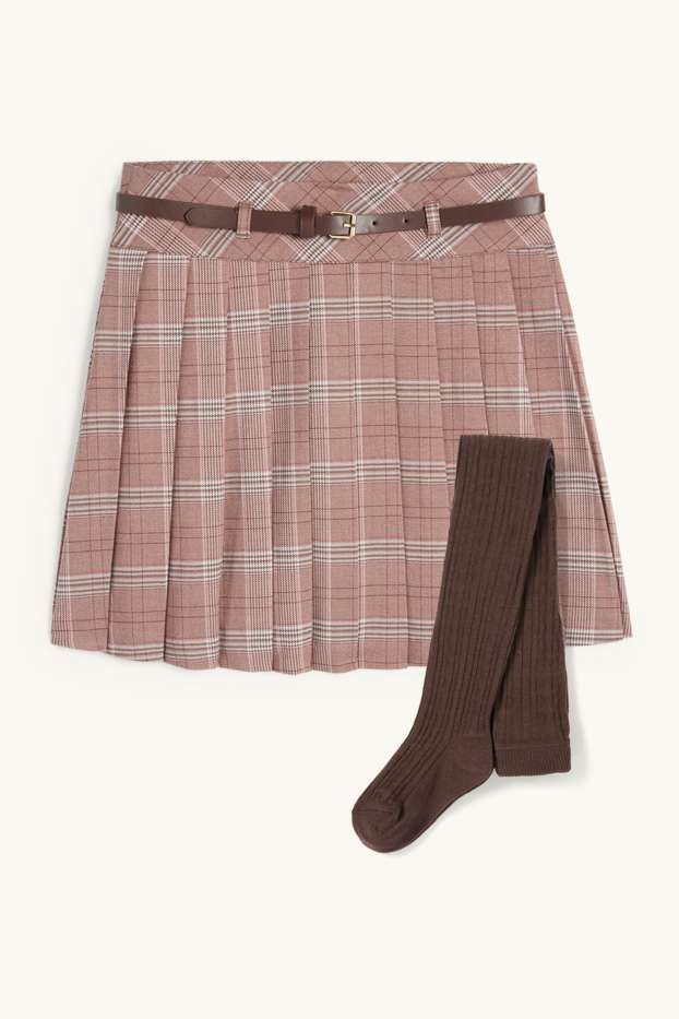 Enfants filles - Ensemble - jupe avec ceinture et collants - 3 pièces - marron