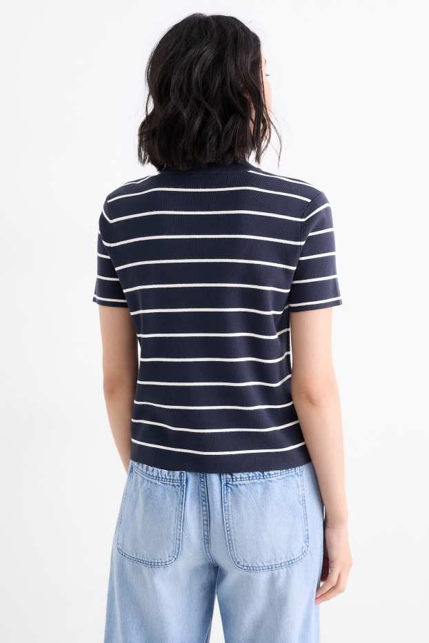 Dámské - Pletený svetr - s krátkým rukávem - pruhovaný - tmavomodrá