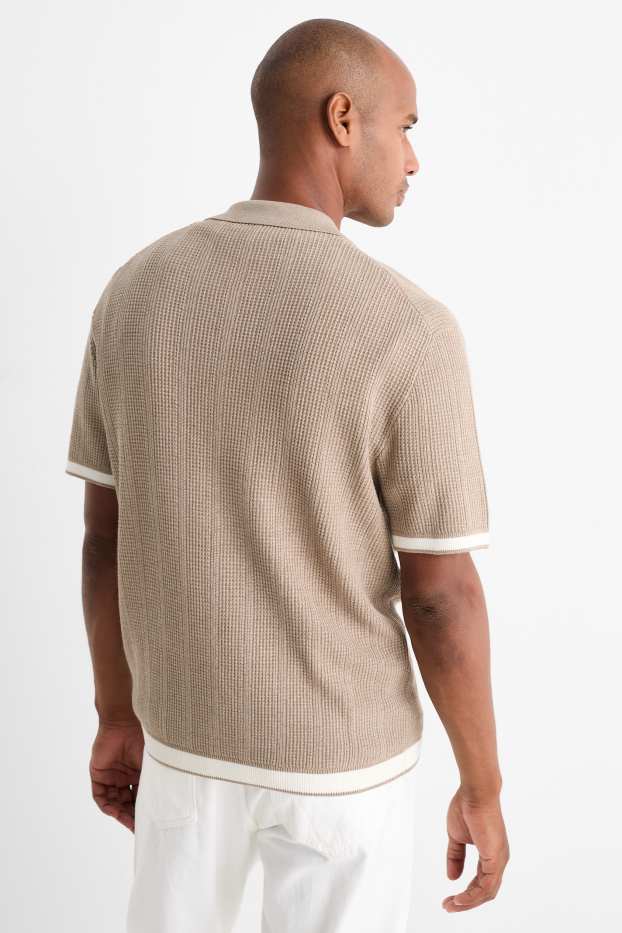 Hommes - Chemise en maille - regular fit - col kent - finition côtelée - beige