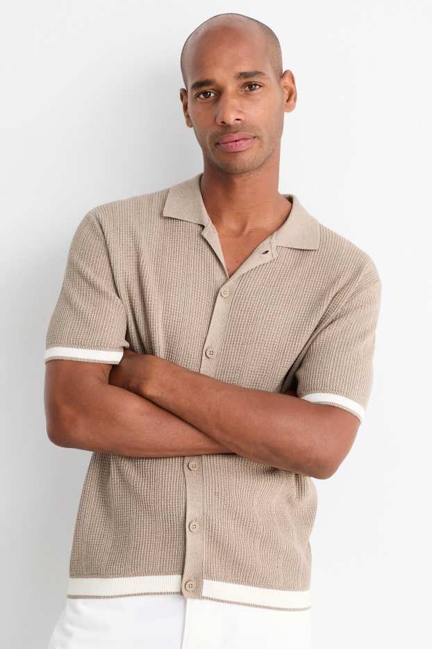 Hommes - Chemise en maille - regular fit - col kent - finition côtelée - beige